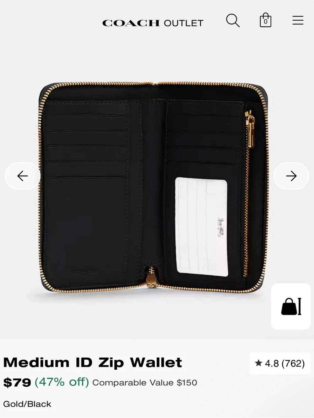 Coach Black Leather Zip ID Card Holder with Gold Hardware